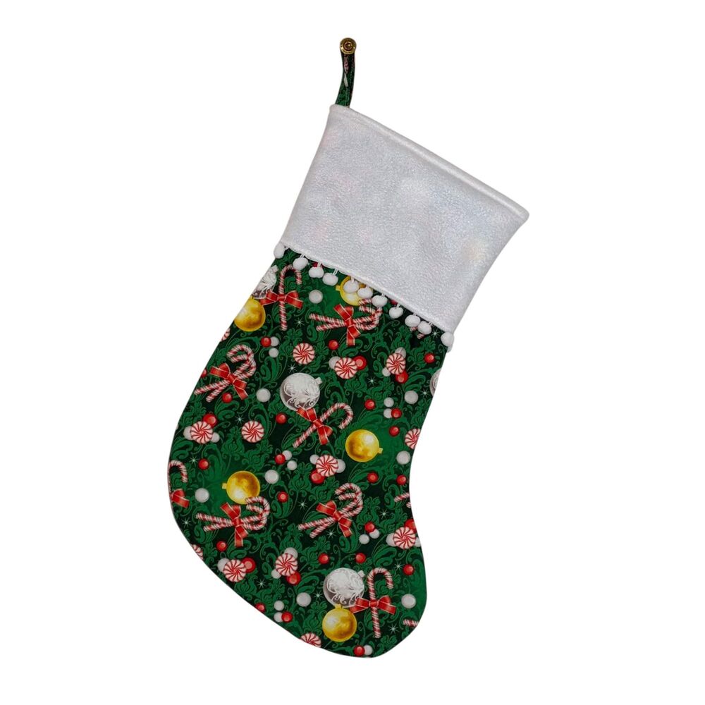Handmade Christmas Stocking: Vintage Candy Canes with White Poms Cuff 17.5 In